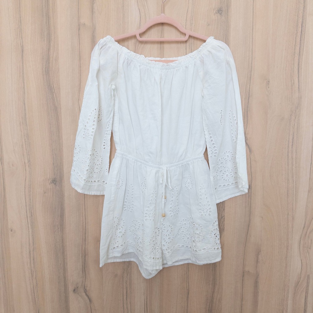 Women Eyelet Romper M White Off Shoulder Long Sleeve Boho Cottage Coastal Summer
